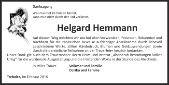 Traueranzeige von Helgard Hemmann von Ostthüringer Zeitung