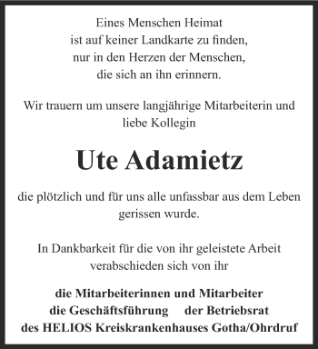 Traueranzeige von Ute Adamietz von Ostthüringer Zeitung, Thüringische Landeszeitung