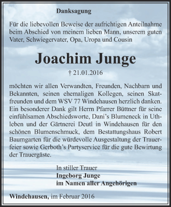 Traueranzeige von Joachim Junge von Thüringer Allgemeine