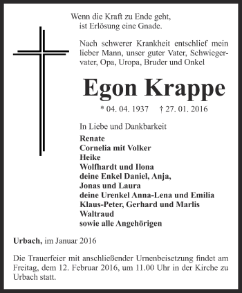Traueranzeige von Egon Krappe von Thüringer Allgemeine, Thüringische Landeszeitung