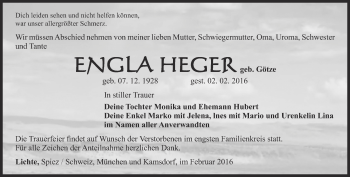 Traueranzeige von Engla Heger von Ostthüringer Zeitung