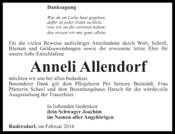 Traueranzeige von Anneli Allendorf von Thüringer Allgemeine