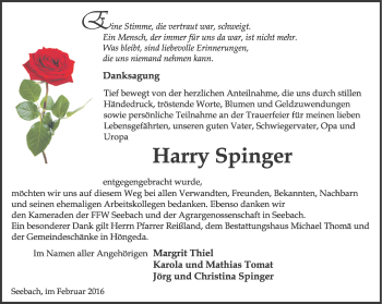 Traueranzeige von Harry Spinger von Thüringer Allgemeine, Thüringische Landeszeitung