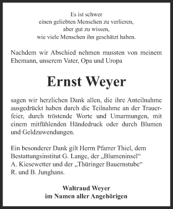 Traueranzeige von Ernst Weyer von Ostthüringer Zeitung