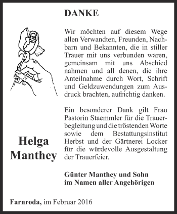 Traueranzeige von Helga Manthey von Thüringer Allgemeine, Thüringische Landeszeitung