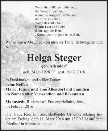 Traueranzeige von Helga Steger von Thüringer Allgemeine