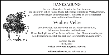 Traueranzeige von Walter Velte von Thüringer Allgemeine, Thüringische Landeszeitung