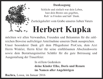Traueranzeige von Herbert Kuppka von Thüringer Allgemeine