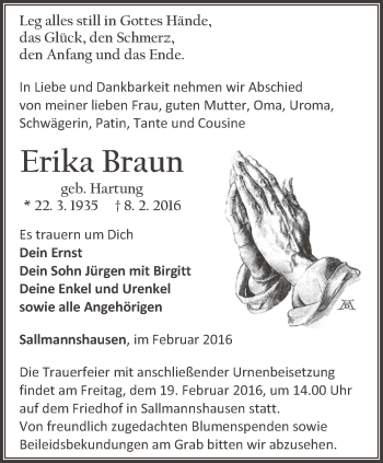 Traueranzeige von Erika Braun von Thüringer Allgemeine, Thüringische Landeszeitung