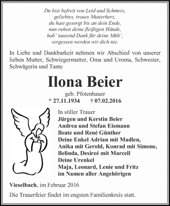 Traueranzeige von Ilona Beier von Thüringer Allgemeine, Thüringische Landeszeitung