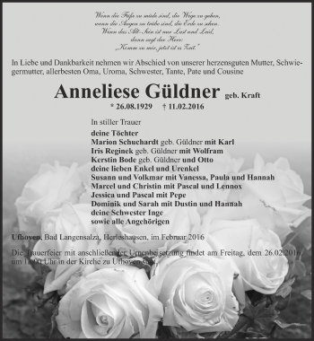 Traueranzeige von Anneliese Güldner von Thüringer Allgemeine, Thüringische Landeszeitung