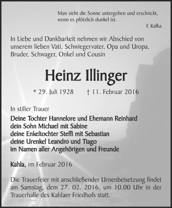 Traueranzeige von Heinz Illinger von Ostthüringer Zeitung, Thüringische Landeszeitung