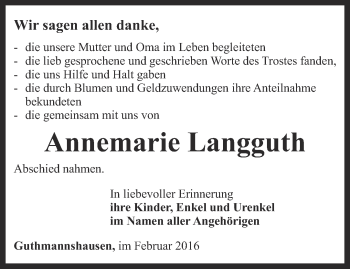 Traueranzeige von Annemarie Langguth von Thüringer Allgemeine