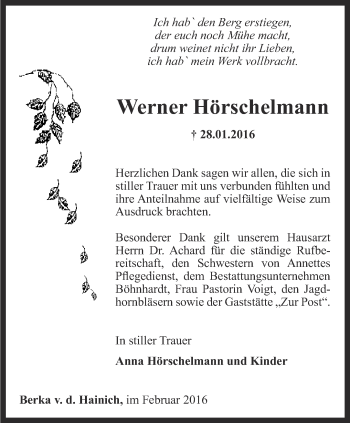 Traueranzeige von Werner Hörschelmann von Thüringer Allgemeine, Thüringische Landeszeitung