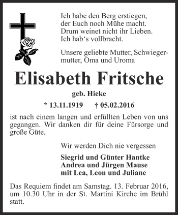 Traueranzeige von Elisabeth Fritsche von Thüringer Allgemeine, Thüringische Landeszeitung
