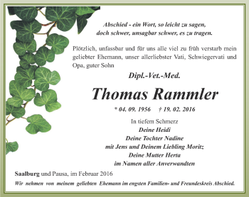Traueranzeige von Thomas Rammler von Ostthüringer Zeitung
