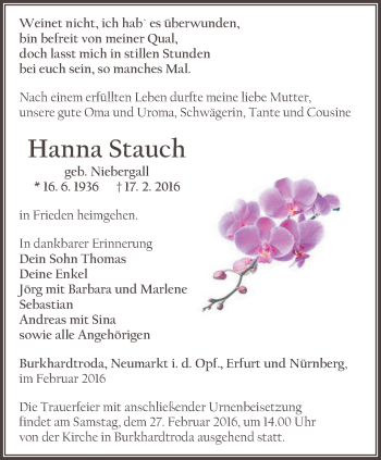 Traueranzeige von Hanna Stauch von Thüringer Allgemeine, Thüringische Landeszeitung