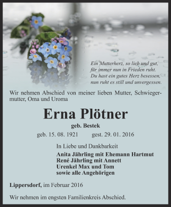 Traueranzeige von Erna Plötner von Ostthüringer Zeitung