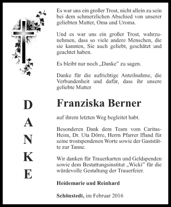 Traueranzeige von Franziska Berner von Thüringer Allgemeine, Thüringische Landeszeitung