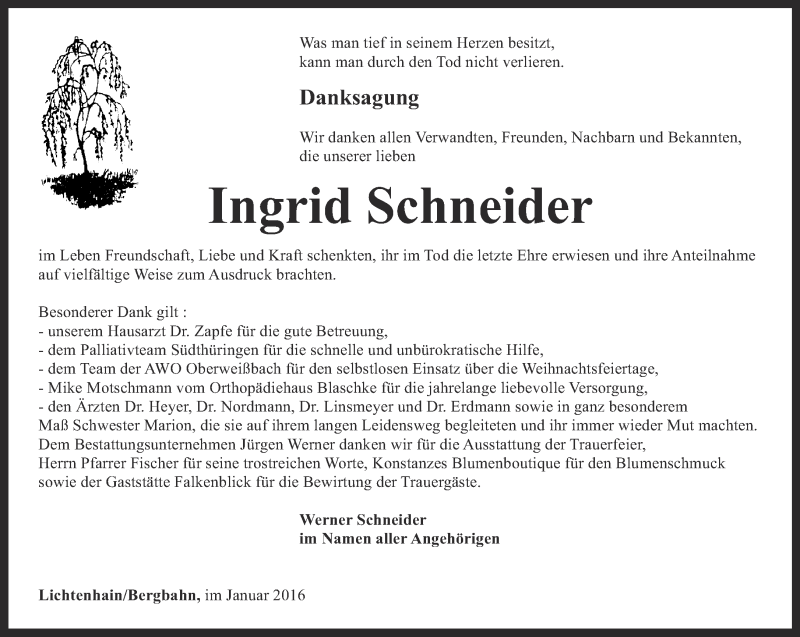 Traueranzeigen Von Ingrid Schneider Trauer In Thueringen De