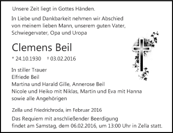 Traueranzeige von Clemens Beil von Thüringer Allgemeine, Thüringische Landeszeitung