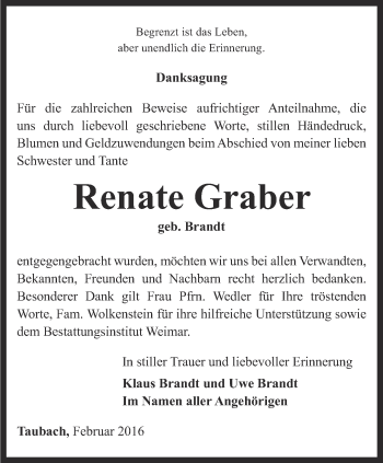 Traueranzeige von Renate Graber von Thüringer Allgemeine, Thüringische Landeszeitung