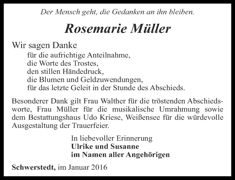  Traueranzeige für Rosemarie Müller vom 06.02.2016 aus Thüringer Allgemeine