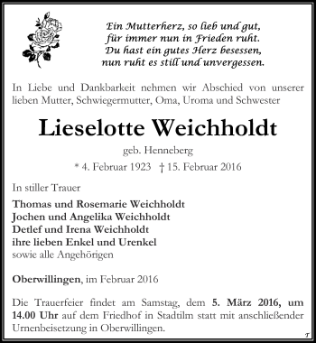 Traueranzeige von Lieselotte Weichholdt von Thüringer Allgemeine