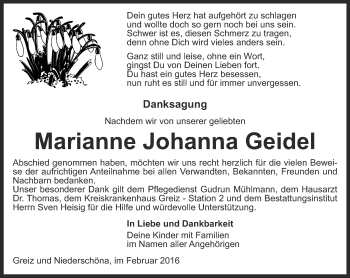 Traueranzeige von Marianne Johanna Geidel von Ostthüringer Zeitung