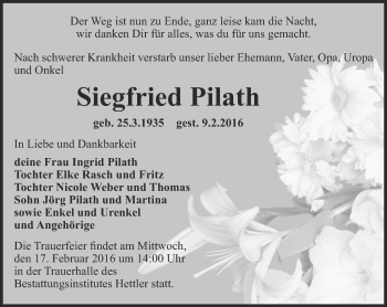 Traueranzeige von Siegfried Pilath von Thüringer Allgemeine