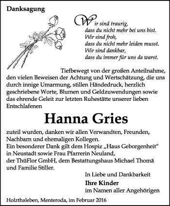 Traueranzeige von Hanna Greis von Thüringer Allgemeine, Thüringische Landeszeitung