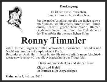 Traueranzeige von Ronny Timmler von Thüringer Allgemeine, Thüringische Landeszeitung