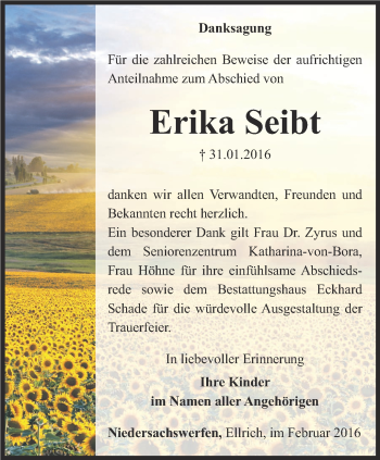 Traueranzeige von Erika Seibt von Thüringer Allgemeine