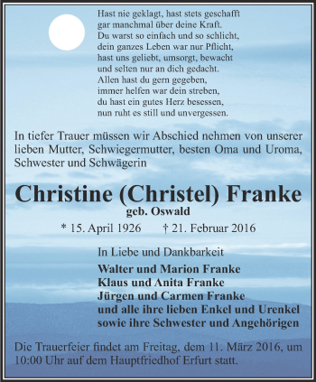 Traueranzeige von Christine Christel Franke von Thüringer Allgemeine, Thüringische Landeszeitung