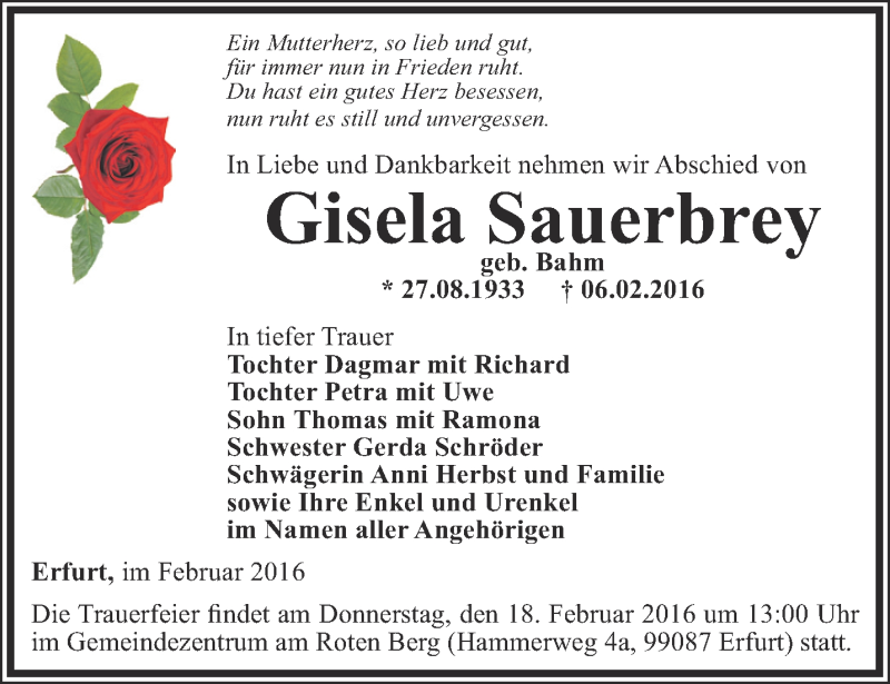  Traueranzeige für Gisela Sauerbrey vom 13.02.2016 aus Thüringer Allgemeine, Thüringische Landeszeitung