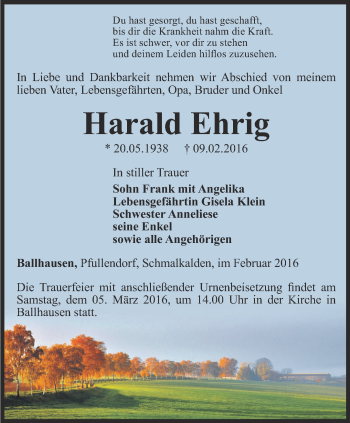 Traueranzeige von Harald Ehrig von Thüringer Allgemeine, Thüringische Landeszeitung