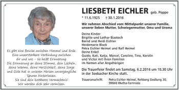 Traueranzeige von Liesbeth Eichler von Thüringer Allgemeine, Thüringische Landeszeitung