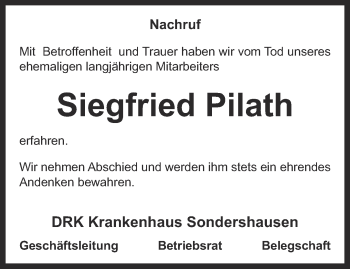 Traueranzeige von Siegfried Pilath von Thüringer Allgemeine