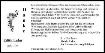 Traueranzeige von Edith Luhn von Thüringer Allgemeine, Thüringische Landeszeitung