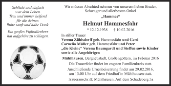 Traueranzeige von Helmut Hammesfahr von Thüringer Allgemeine, Thüringische Landeszeitung