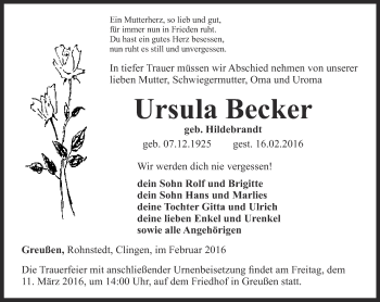 Traueranzeige von Ursula Becker von Thüringer Allgemeine
