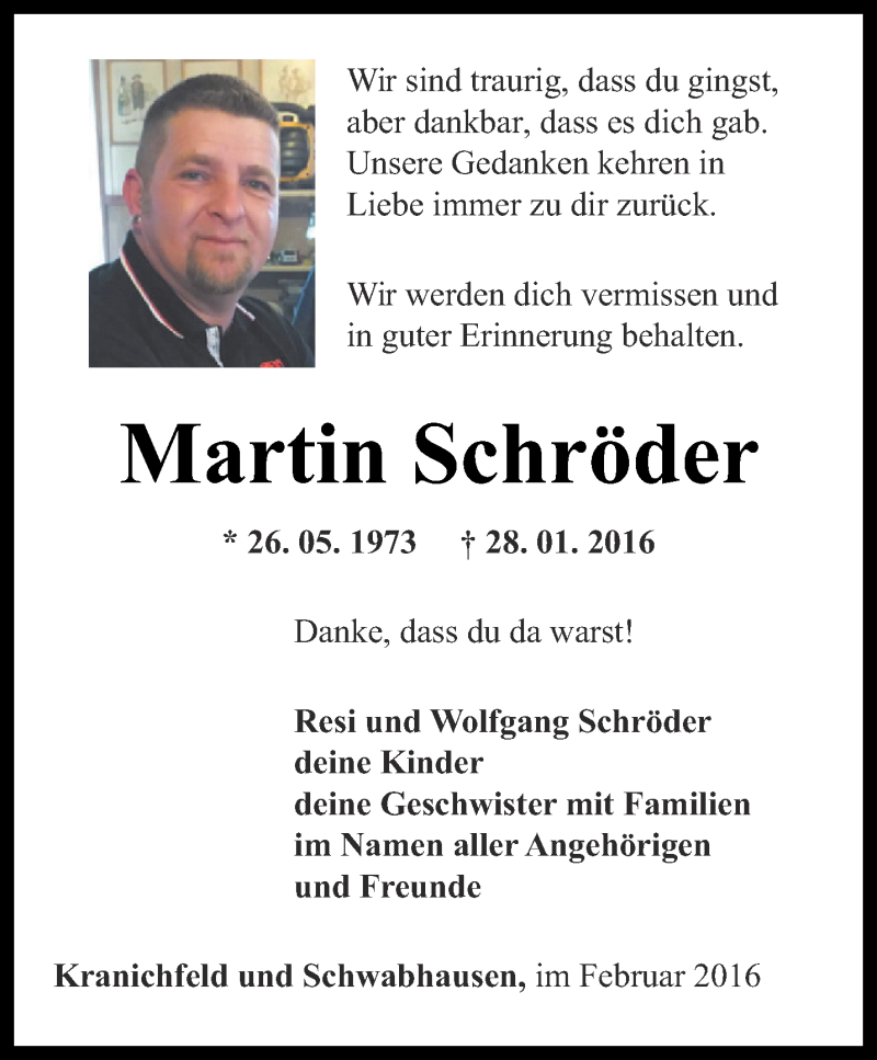  Traueranzeige für Martin Schröder vom 13.02.2016 aus Thüringer Allgemeine, Thüringische Landeszeitung