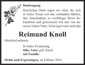 Traueranzeige von Reimund Knoll von Ostthüringer Zeitung