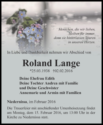 Traueranzeige von Roland Lange von Thüringer Allgemeine, Thüringische Landeszeitung