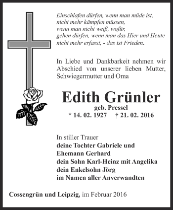 Traueranzeige von Edith Grünler von Ostthüringer Zeitung