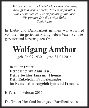 Traueranzeige von Wolfgang Amthor von Ostthüringer Zeitung, Thüringische Landeszeitung