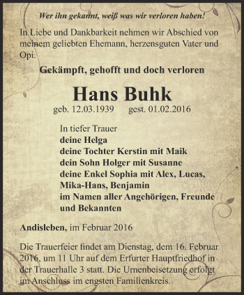 Traueranzeige von Hans Buhk von Thüringer Allgemeine, Thüringische Landeszeitung
