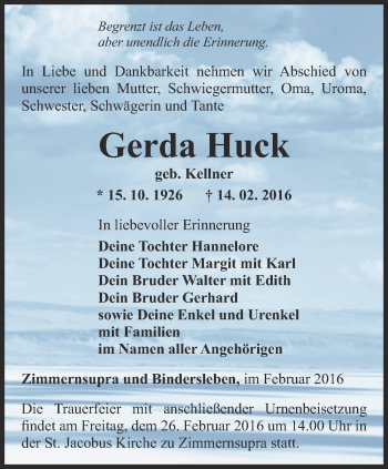 Traueranzeige von Gerda Huck von Thüringer Allgemeine, Thüringische Landeszeitung