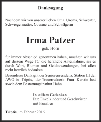 Traueranzeige von Irma Patzer von Ostthüringer Zeitung