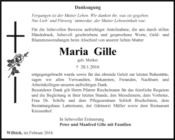 Traueranzeige von Maria Gille von Thüringer Allgemeine
